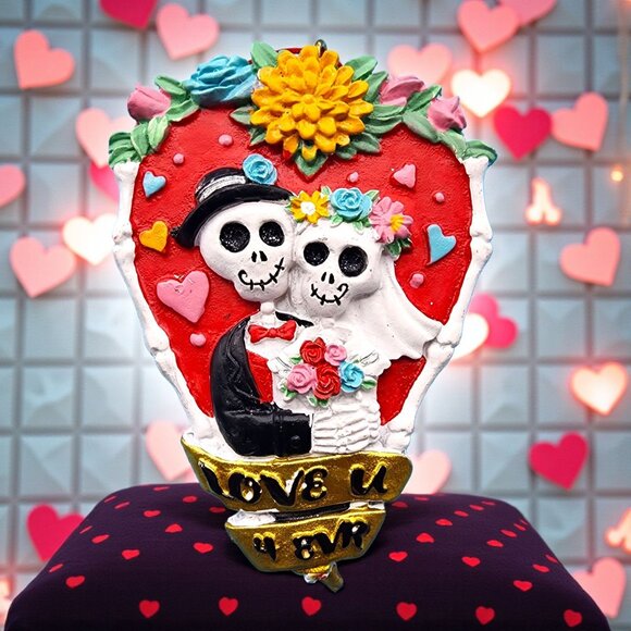 Sugar Skull Day of the Dead Love U 4 Skeleton Couple Heart Ornament Valentine - Picture 3 of 12